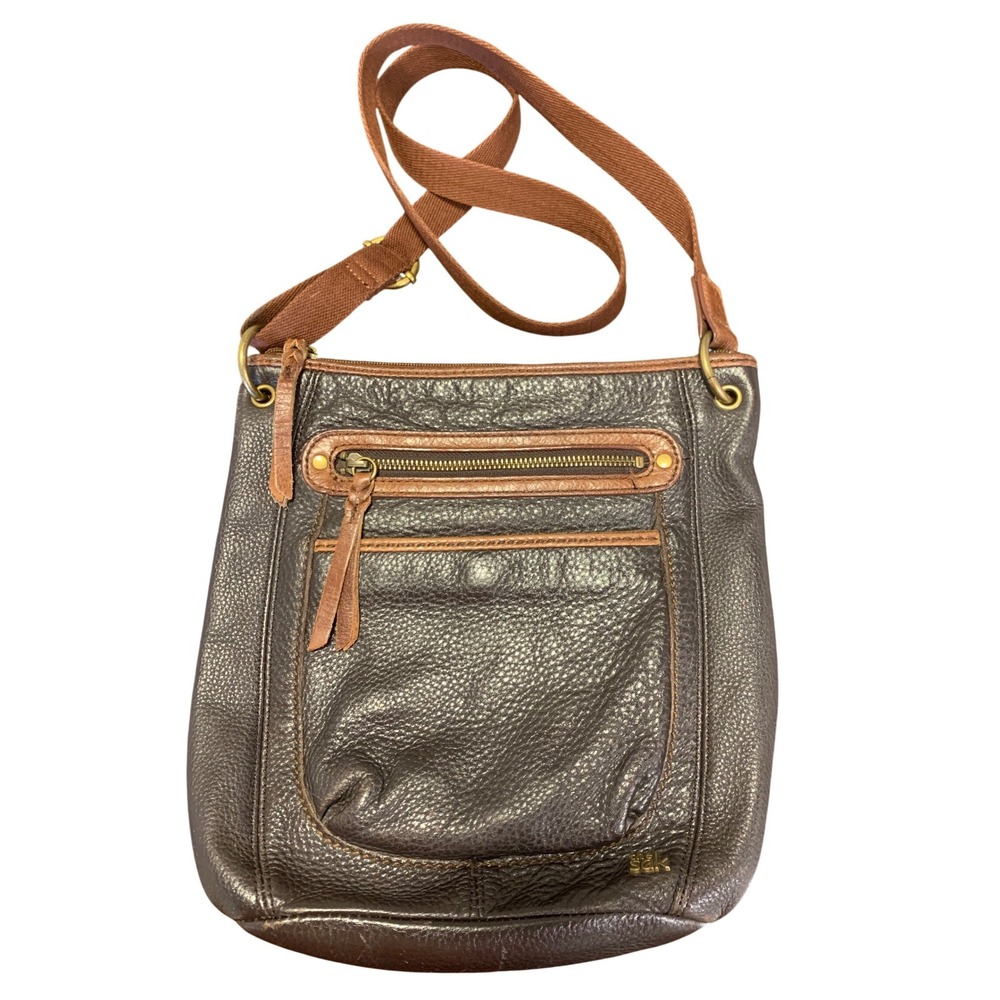 The Sak Dark Brown Pebbled Leather Crossbody Bag Messenger‎ Tan Trim Adjustable